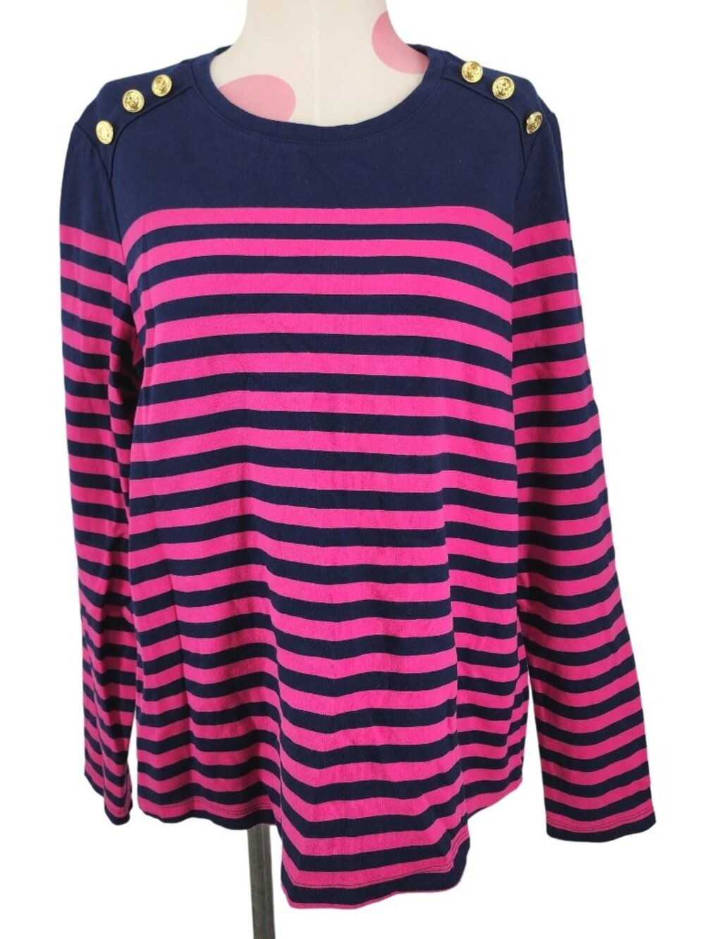 Women's Kim Rogers Pink Navy Striped Shirt Button Shoulders Petite Large Top